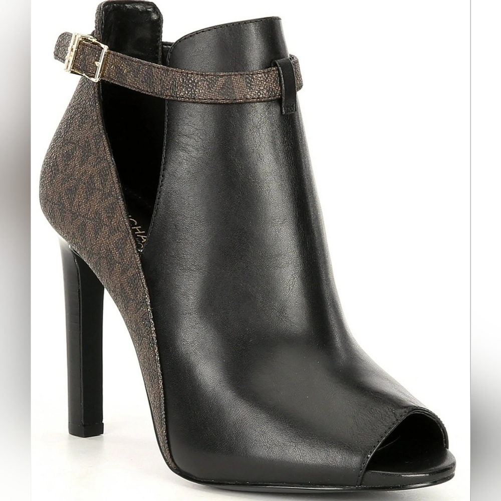 Michael Kors Lawson Open Toe Leather Bootie       size (9M) black/ brown